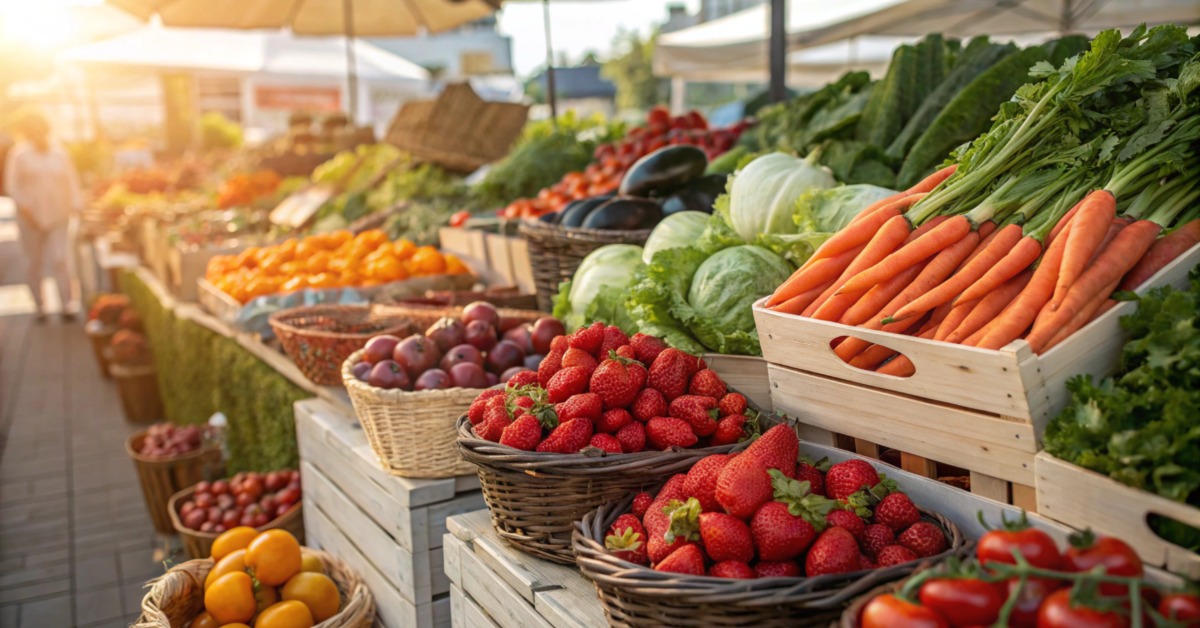 Baskets of strawberries, carrots, cabbage, tomatoes, and citrus line a sunny outdoor farmers market stand.